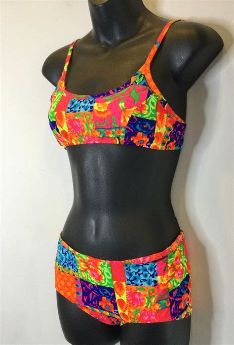 1960s Neon Day Glo Floral Print Two Piece Bikini Swimsuit Set Size XXS Etsy