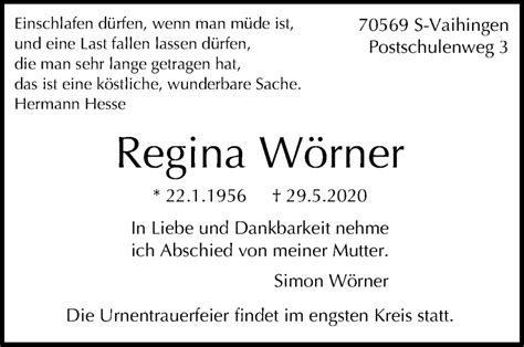 Traueranzeigen von Regina Wörner stuttgart gedenkt de