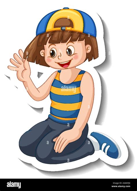 Sticker Template With A Happy Girl Wears Cap Cartoon Character Isolated