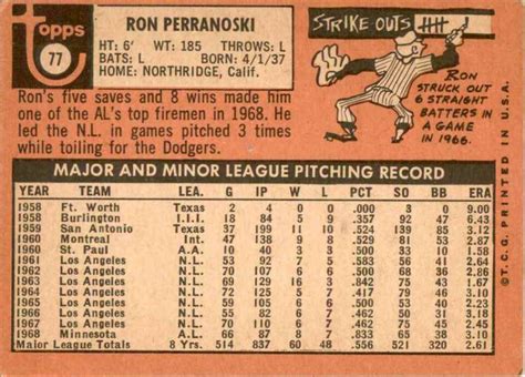 1969 Topps Baseball Ron Perranoski Minnesota Twins 77 EBay