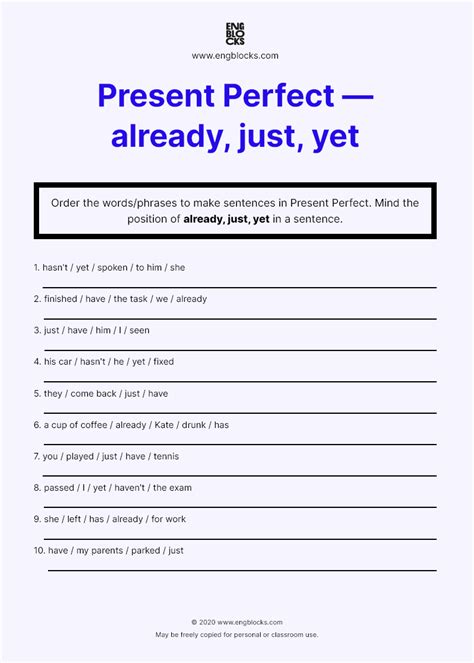 Worksheet On Present Perfect Already Just Yet