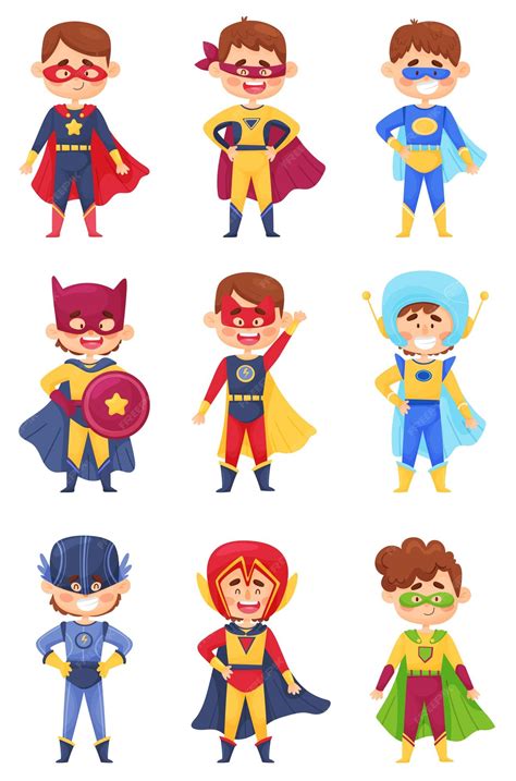 Premium Vector | Set of little boys in comic different superheroes costumes Cloaks masks helmets ...