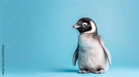 Cute baby penguin on the light blue background with copy space ...