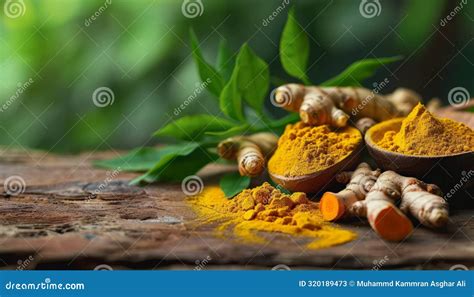 Turmeric Curcumin Powder Curcuma Longa And Fresh Rhizome On Wooden