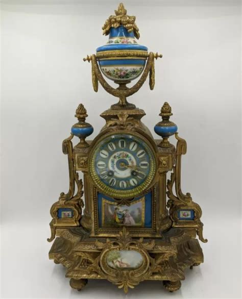 Antique French Bronze Gilt Blue Porcelain Sevres Panel Mantel Clock