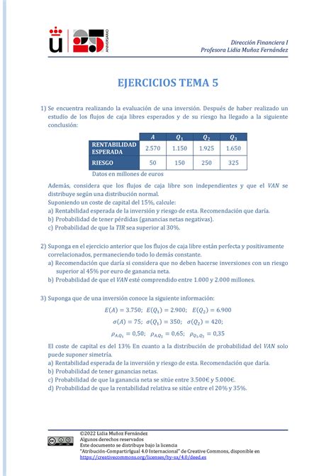 Tema 5 Ejercicios tema 5 A Dirección Financiera I Profesora Lidia