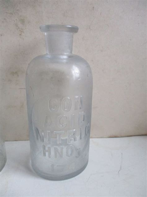 Antique Glass Bottles 10 Ounce Laboratory Bottles With Raised Letters No Lids Sulphuric And