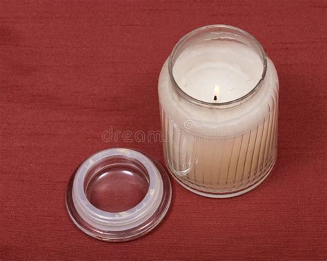 Burning White Candle In Glass Jar Stock Image Image Of Flame Christmas 84566203