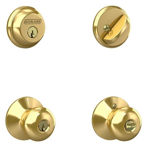 Schlage Plymouth Bright Brass Single Cylinder Deadbolt And Keyed Entry Door Knob Combo Pack