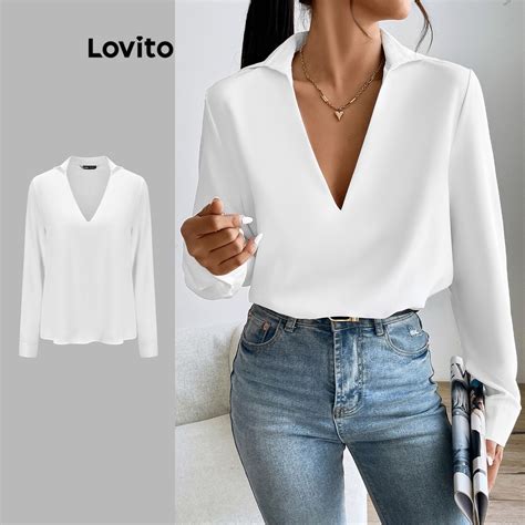 Lovito Blusa Casual Simples B Sica Decote Em V Para Mulheres