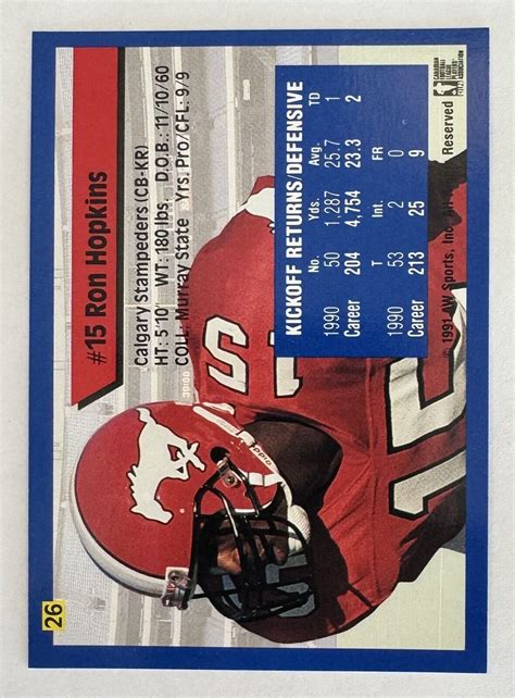 1991 All World Cfl Football 26 Ron Hopkins Calgary Stampeders Ebay