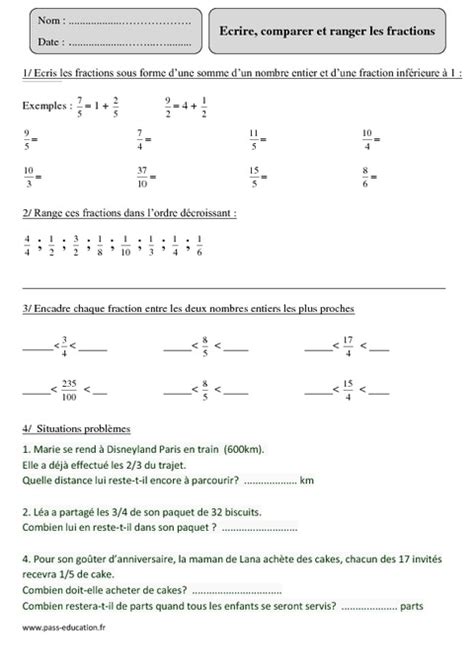 Comparer Et Ranger Les Fractions Cm2 Exercices Corrigés Numération Mathématiques Cycle