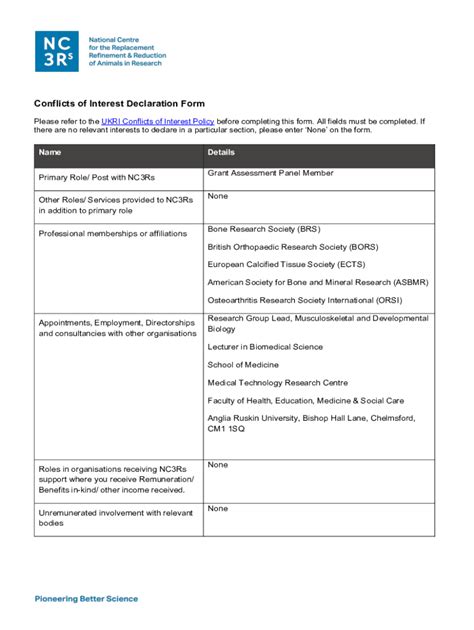 Fillable Online Conflicts Of Interest Declaration Form Fax Email Print Pdffiller