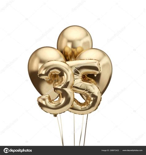 35th birthday gold foil bunch of balloons. Happy birthday. 3D Rendering ...