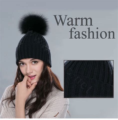 Buy Wholesale Winter Warm Knitted Beanies Hat With Sliver Fox Fur Poms