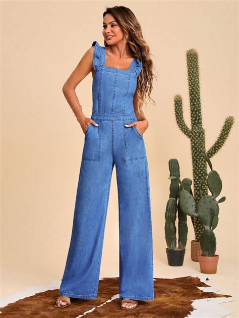 Shein Frenchy Ruffle Trim Wide Leg Denim Jumpsuit Shein Usa