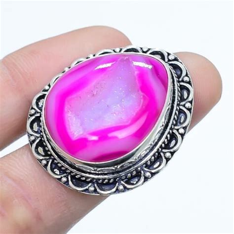 Rose Géode Agate Druse Pierre Précieuse Main Argent Bijoux Bague Taille