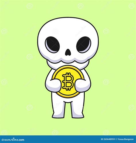 Cute Skull Holding Bitcoin Cartoon Mascot Doodle Art Hand Drawn Outline