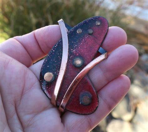 Vintage Matisse Copper And Enamel Boomerang Brooch Gem