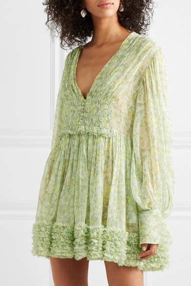 Stella McCartney Ruffled Floral Print Silk Crepon Mini Dress Green