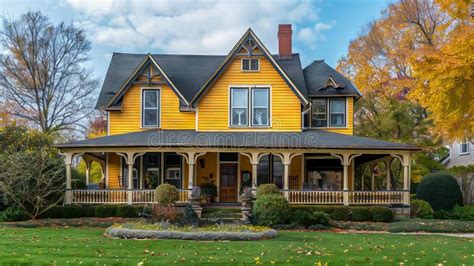 A Yellow House with a Porch Stock Photo - Image of exterior, window ...