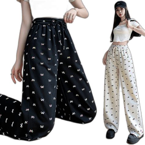 Lazy Bow Print Casual Wide Leg Pants Female Xia Song Tightly High