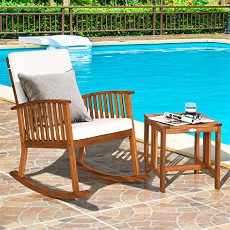 Tangkula Acacia Wood Patio Bistro Set Outdoor Rocking Chair With Table Porch Rocker With Thick