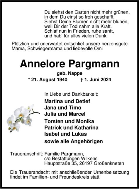 Traueranzeigen Von Annelore Pargmann Nordwest Trauer De