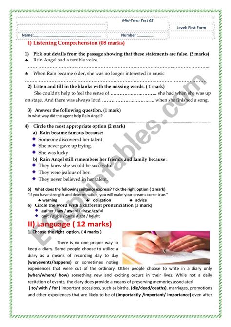 First Form Mid Term Test Esl Worksheet By Chiko