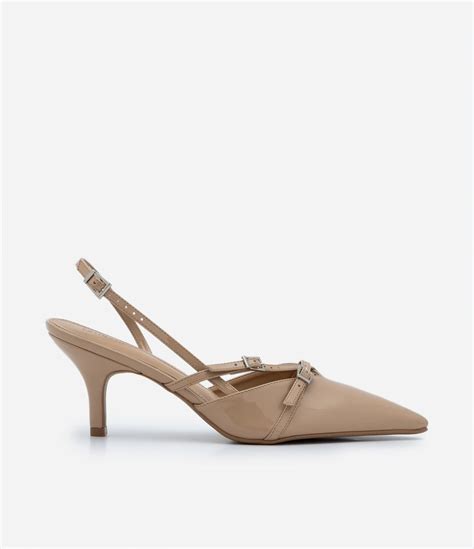 Sapato Scarpin Slingback Fivelas E Bico Fino Bege