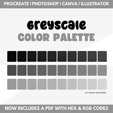 Greyscale Color Palette With Hex Codes & Rgb Codes, Procreate Swatches ...