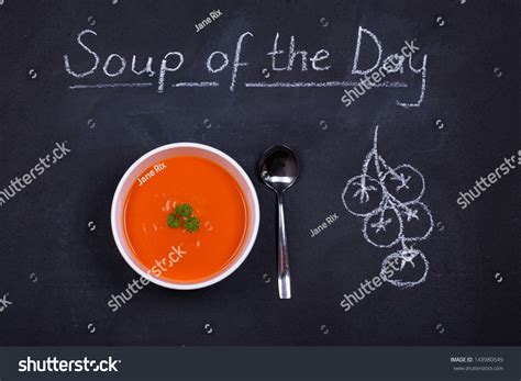 Chalkboard Advertising Soup Day Bowl Tomato Stock Photo 143980549