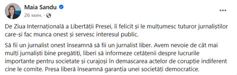 Maia Sandu de Ziua Internațională a Libertății Presei Le mulțumesc