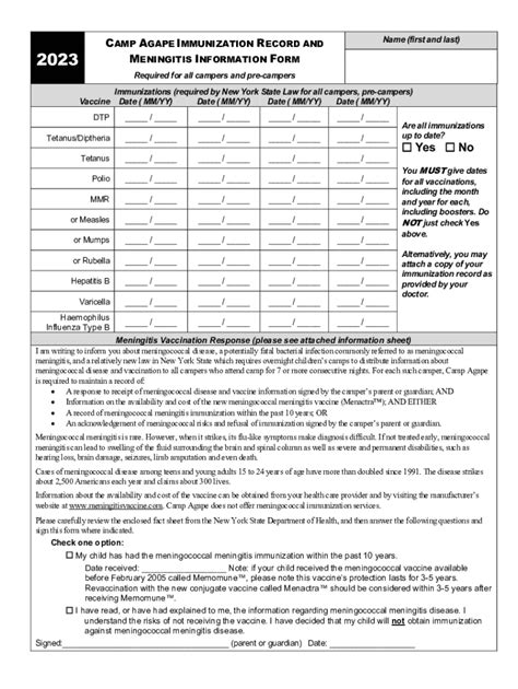 Fillable Online Immunization Record And Meningitis Information