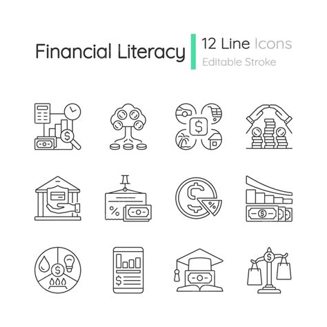 Financial Literacy Linear Icons Set Logo Financial Investment Vector