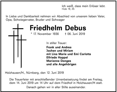 Traueranzeigen Von Friedhelm Debus Vrm Trauer De