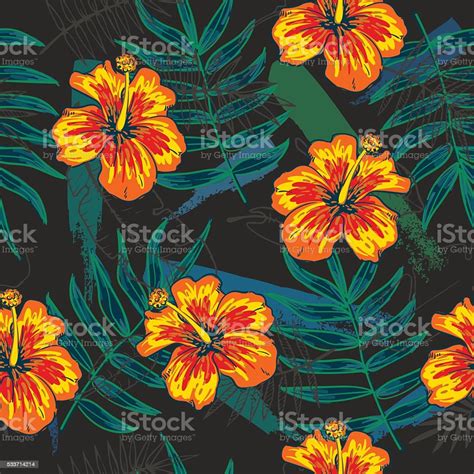 Summer Colorful Seamless Pattern With Tropical Plants And Hibiscus Flowers Stock Illustration