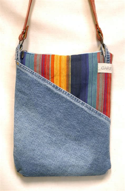 Denim Shoulder Bag Made From Recycled Jeans Ethnic Stripe