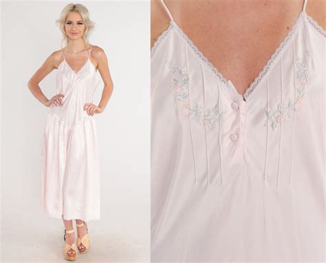 Vintage Victoria S Secret Slip Dress Baby Pink Lingerie Nightgown V Neck Floral Embroidered Midi