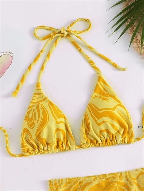 Shein Swim Vcay Swirl Print Bikini Set Drawstring Triangle Bra And Thong