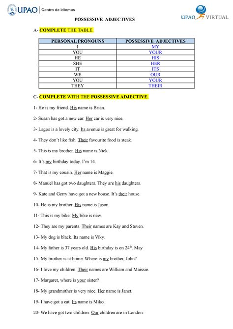 Possessive Adjectives AOAV POSSESSIVE ADJECTIVES A COMPLETE THE