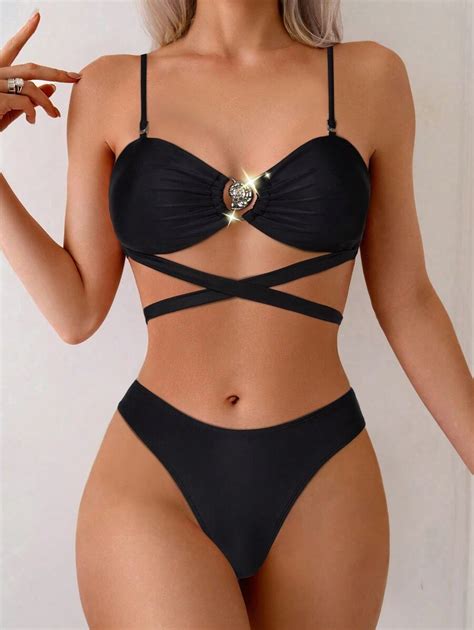 Shein Swim Chicsea Conjunto De Mai Bikini Preto S Lido Al As Finas