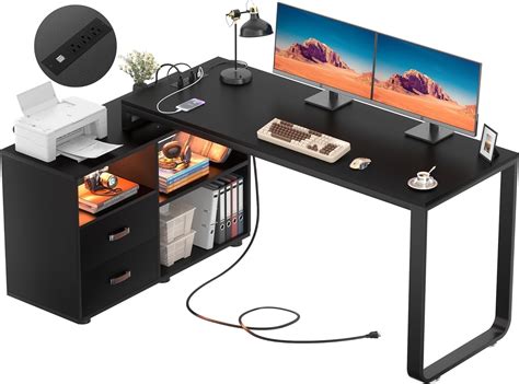 Homieasy 55 Inch L Shaped Desk With Power Outlet Led Strip Drawers