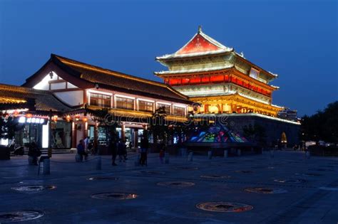 Illuminated Historic Tower In Xian China At Night 2018 Editorial