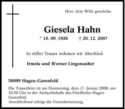 Traueranzeigen Von Giesela Hahn Trauer In NRW De