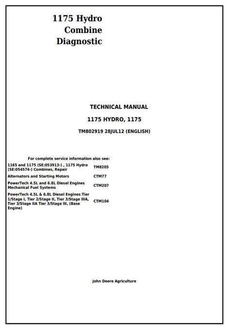 John Deere 1175 1175 Hydro Combine Technical Manual TM802919