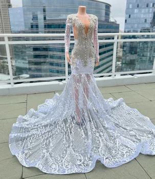 Ocstrade White Sequin Silver Rhinestone Prom Dress Women Elegant Ball