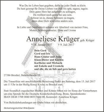 Traueranzeigen Von Anneliese Kr Ger Trauer Kreiszeitung De