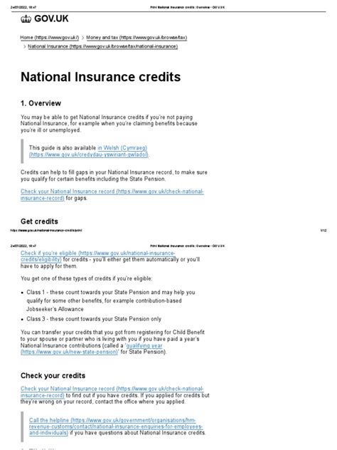 Print National Insurance Credits Overview Gov Uk Pdf