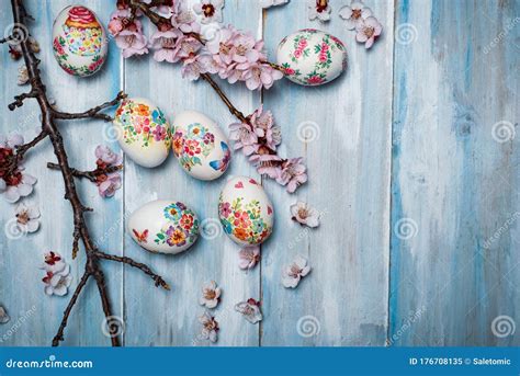 Decoupage Decorated Easter Eggs With Cherry Blossom Stock Image Image